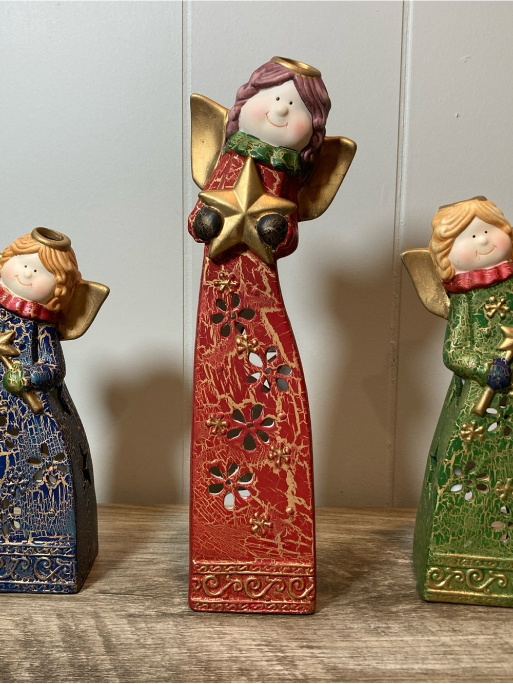 Rustic Angel Tea Light holders Ceramic Set Of 3 Holiday Cottagecore